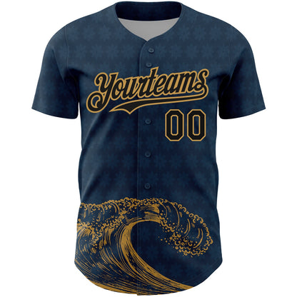 Custom US Navy Blue Black-Old Gold 3D Pattern Design Wave Authentic Baseball Jersey - Sky-Custom