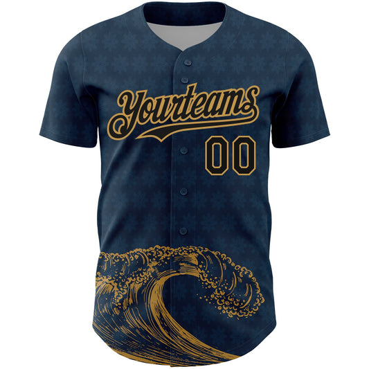 Custom US Navy Blue Black-Old Gold 3D Pattern Design Wave Authentic Baseball Jersey - Sky-Custom