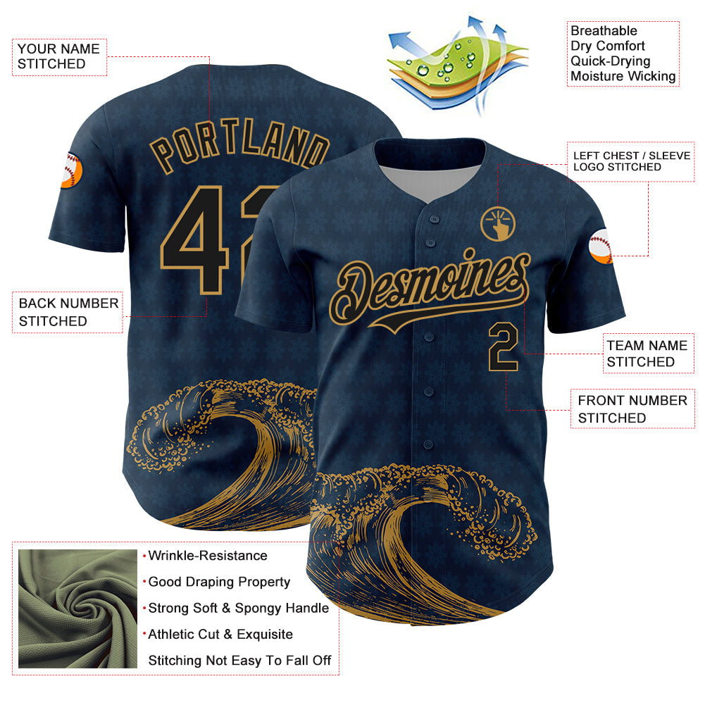 Custom US Navy Blue Black-Old Gold 3D Pattern Design Wave Authentic Baseball Jersey - Sky-Custom