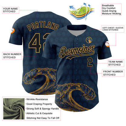 Custom US Navy Blue Black-Old Gold 3D Pattern Design Wave Authentic Baseball Jersey - Sky-Custom