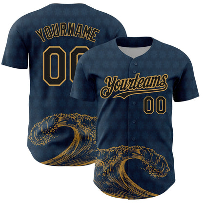 Custom US Navy Blue Black-Old Gold 3D Pattern Design Wave Authentic Baseball Jersey - Sky-Custom