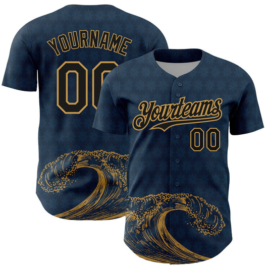 Custom US Navy Blue Black-Old Gold 3D Pattern Design Wave Authentic Baseball Jersey - Sky-Custom