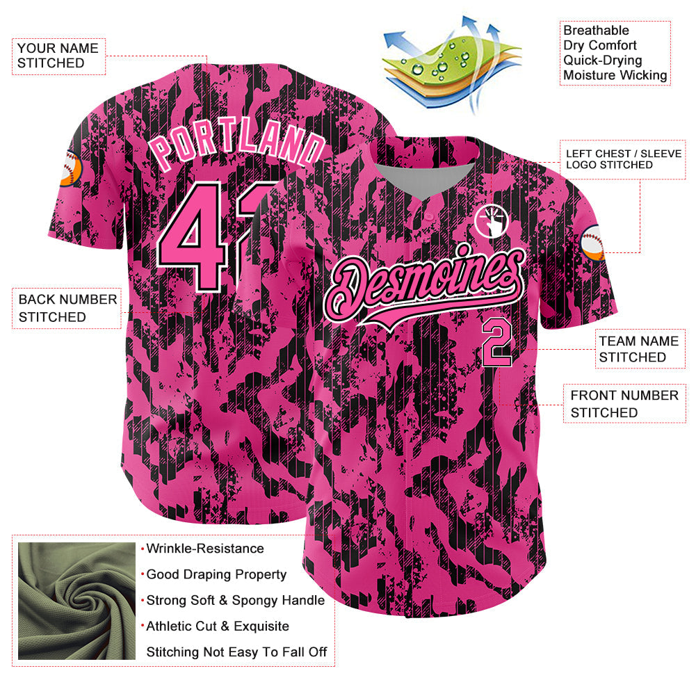 Custom Pink Black-White 3D Pattern Design Abstract Fluid Authentic Baseball Jersey - Sky-Custom