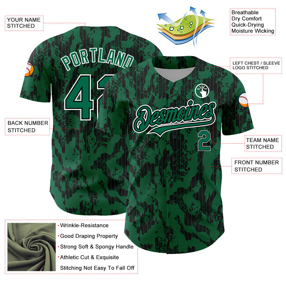 Custom Kelly Green Black-White 3D Pattern Design Abstract Fluid Authentic Baseball Jersey - Sky-Custom
