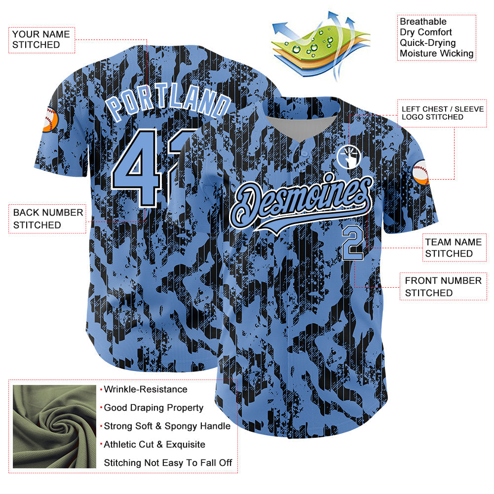 Custom Light Blue Black-White 3D Pattern Design Abstract Fluid Authentic Baseball Jersey - Sky-Custom