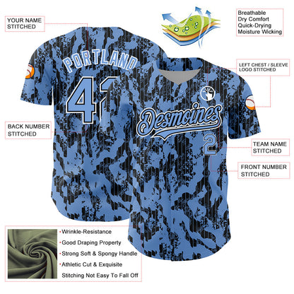 Custom Light Blue Black-White 3D Pattern Design Abstract Fluid Authentic Baseball Jersey - Sky-Custom