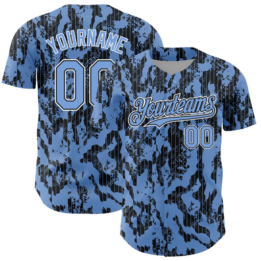 Custom Light Blue Black-White 3D Pattern Design Abstract Fluid Authentic Baseball Jersey - Sky-Custom