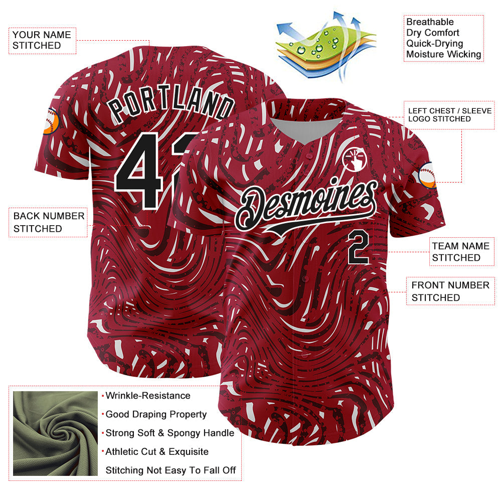Custom Crimson Black-White 3D Pattern Design Abstract Fluid Authentic Baseball Jersey - Sky-Custom
