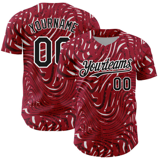 Custom Crimson Black-White 3D Pattern Design Abstract Fluid Authentic Baseball Jersey - Sky-Custom