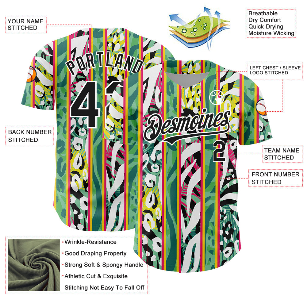 Custom Kelly Green Black-White 3D Pattern Design Animal Fur Print With Leaves Authentic Baseball Jersey - Sky-Custom
