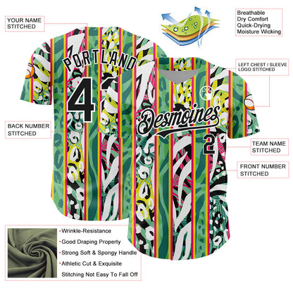 Custom Kelly Green Black-White 3D Pattern Design Animal Fur Print With Leaves Authentic Baseball Jersey - Sky-Custom