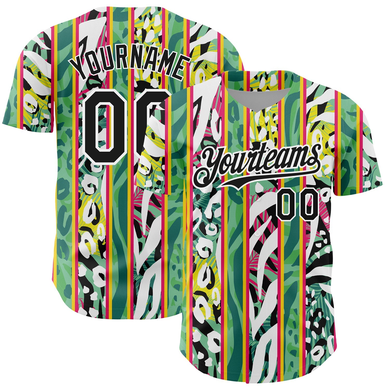 Custom Kelly Green Black-White 3D Pattern Design Animal Fur Print With Leaves Authentic Baseball Jersey - Sky-Custom