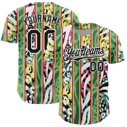Custom Kelly Green Black-White 3D Pattern Design Animal Fur Print With Leaves Authentic Baseball Jersey - Sky-Custom