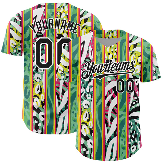 Custom Kelly Green Black-White 3D Pattern Design Animal Fur Print With Leaves Authentic Baseball Jersey - Sky-Custom