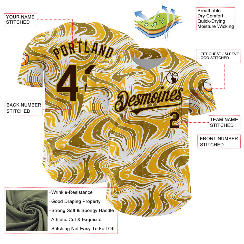 Custom Yellow Brown-Old Gold 3D Pattern Design Abstract Fluid Authentic Baseball Jersey - Sky-Custom