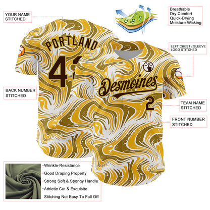 Custom Yellow Brown-Old Gold 3D Pattern Design Abstract Fluid Authentic Baseball Jersey - Sky-Custom