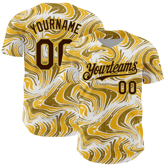 Custom Yellow Brown-Old Gold 3D Pattern Design Abstract Fluid Authentic Baseball Jersey - Sky-Custom