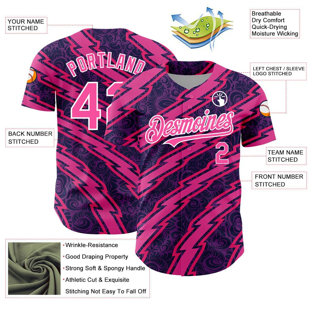 Custom Purple Pink-White 3D Pattern Design Zigzag Authentic Baseball Jersey - Sky-Custom