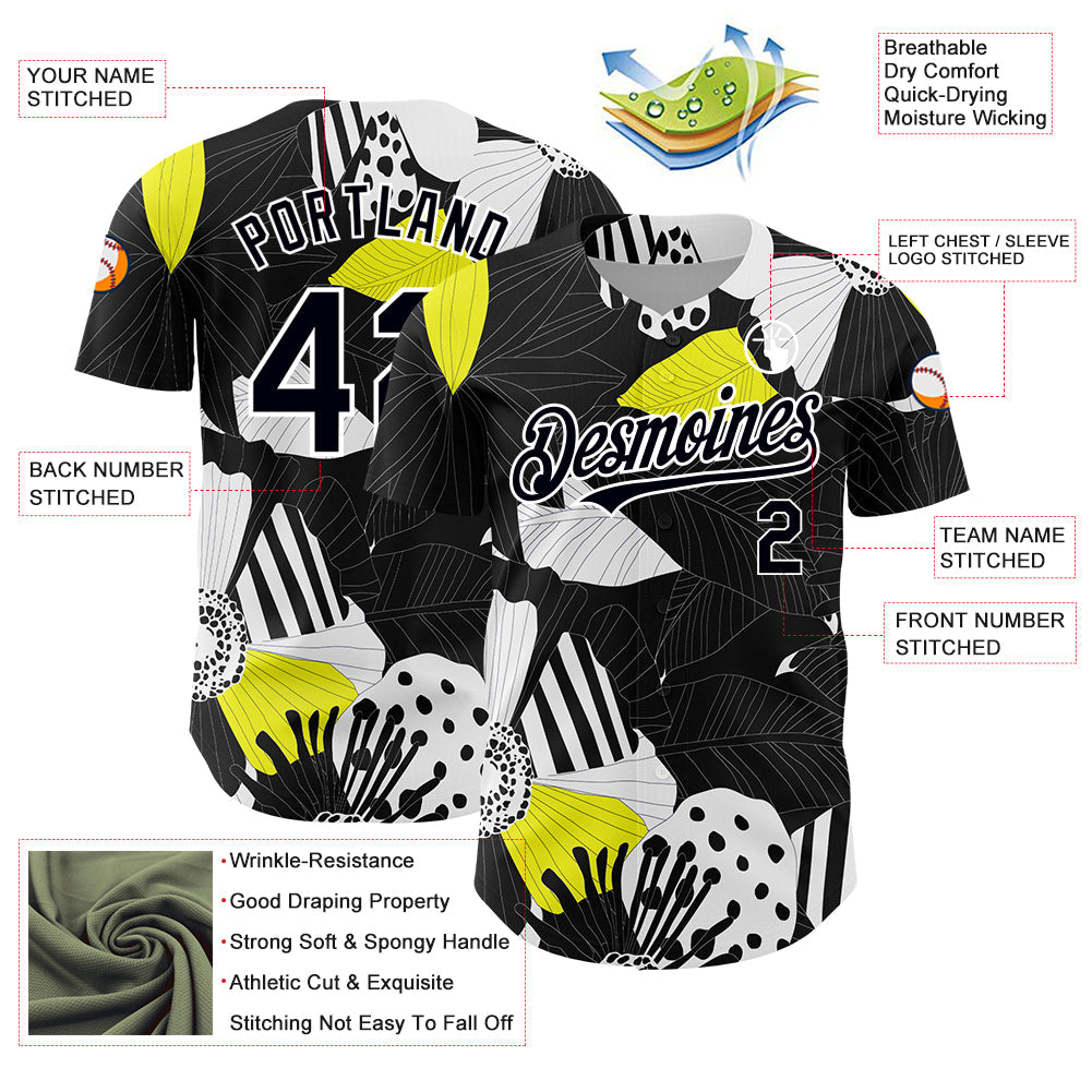 Custom Black White 3D Pattern Design Flower Authentic Baseball Jersey - Sky-Custom