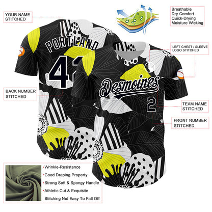 Custom Black White 3D Pattern Design Flower Authentic Baseball Jersey - Sky-Custom