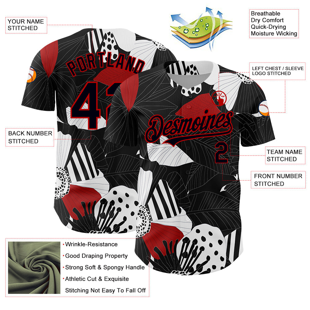 Custom Black Red-White 3D Pattern Design Flower Authentic Baseball Jersey - Sky-Custom