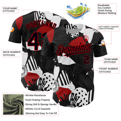 Custom Black Red-White 3D Pattern Design Flower Authentic Baseball Jersey - Sky-Custom
