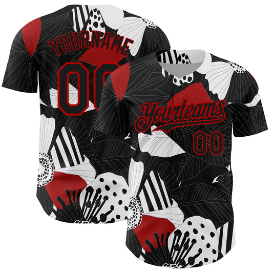 Custom Black Red-White 3D Pattern Design Flower Authentic Baseball Jersey - Sky-Custom