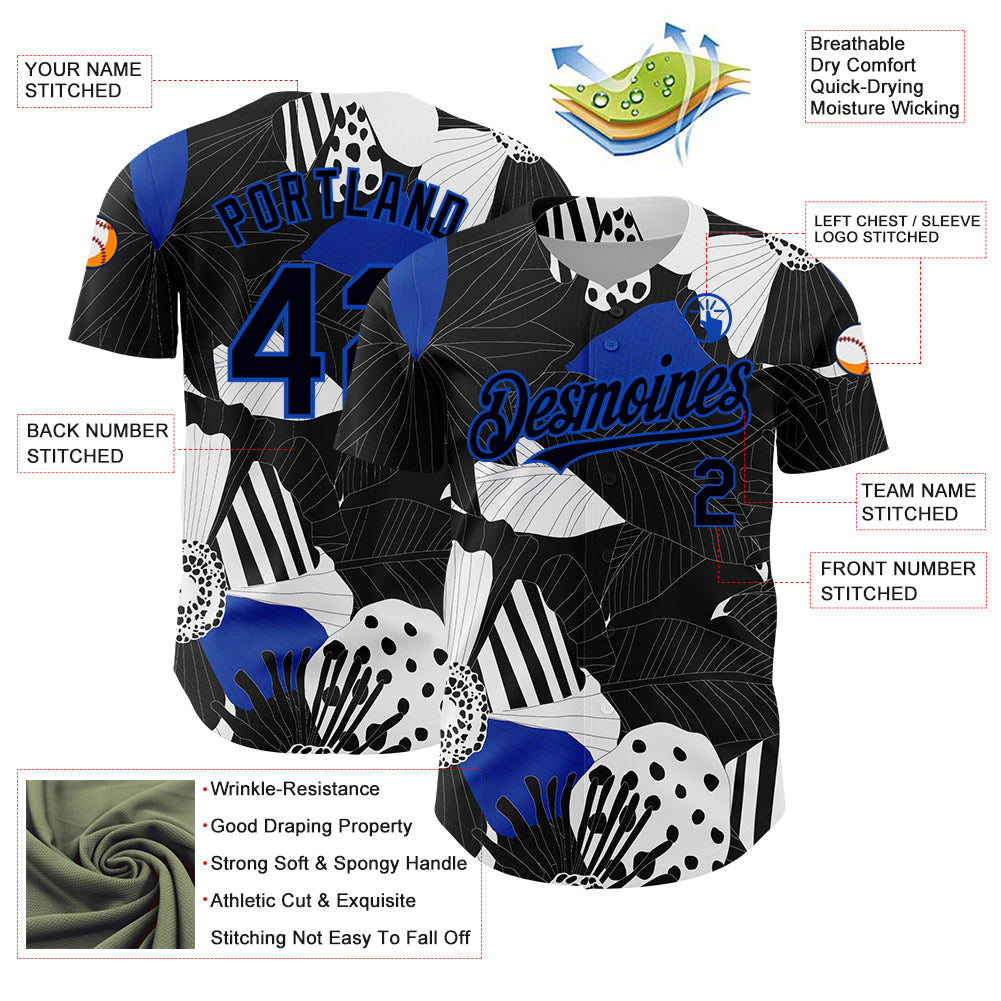 Custom Black Thunder Blue-White 3D Pattern Design Flower Authentic Baseball Jersey - Sky-Custom