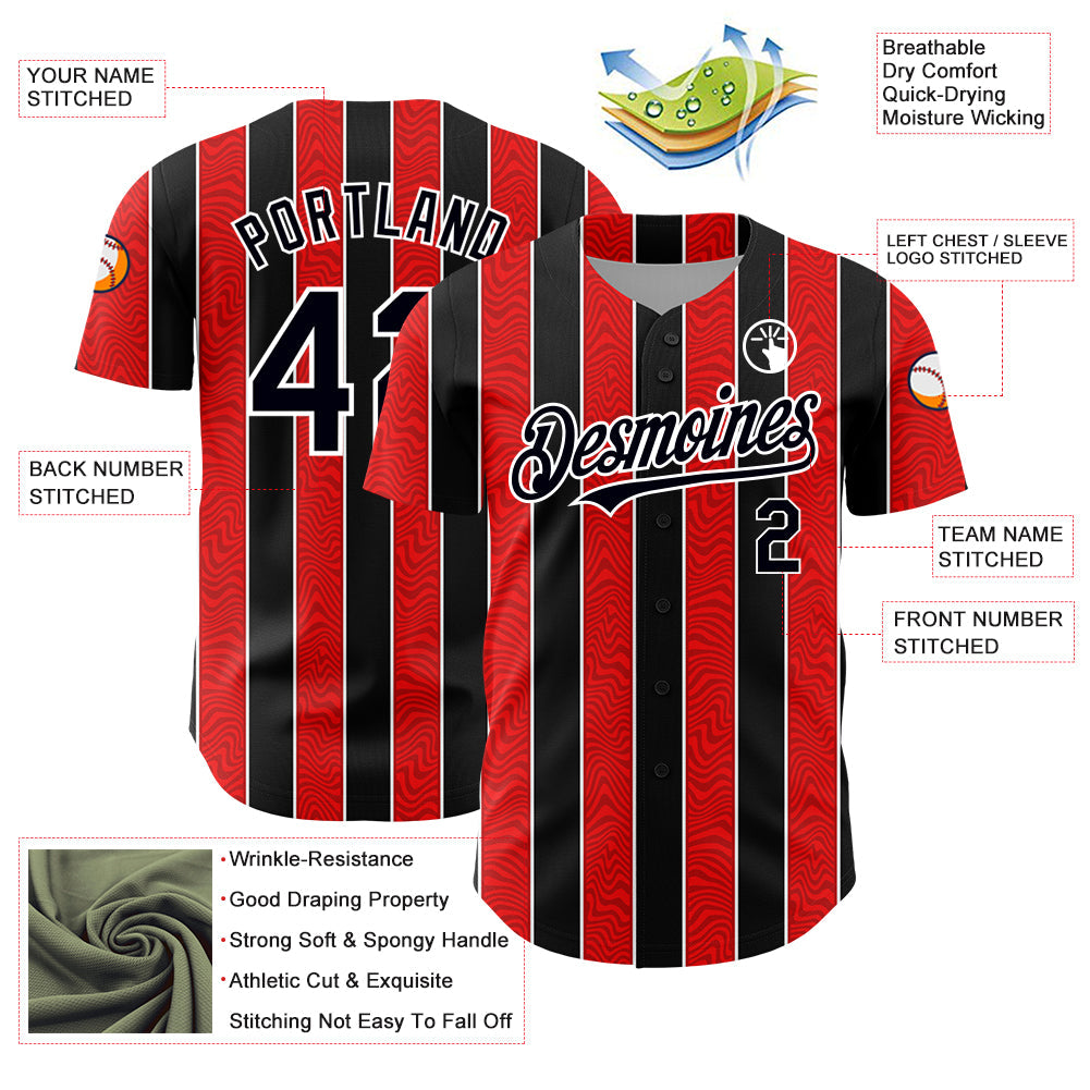 Custom Red Black-White 3D Pattern Design Stripe Authentic Baseball Jersey - Sky-Custom