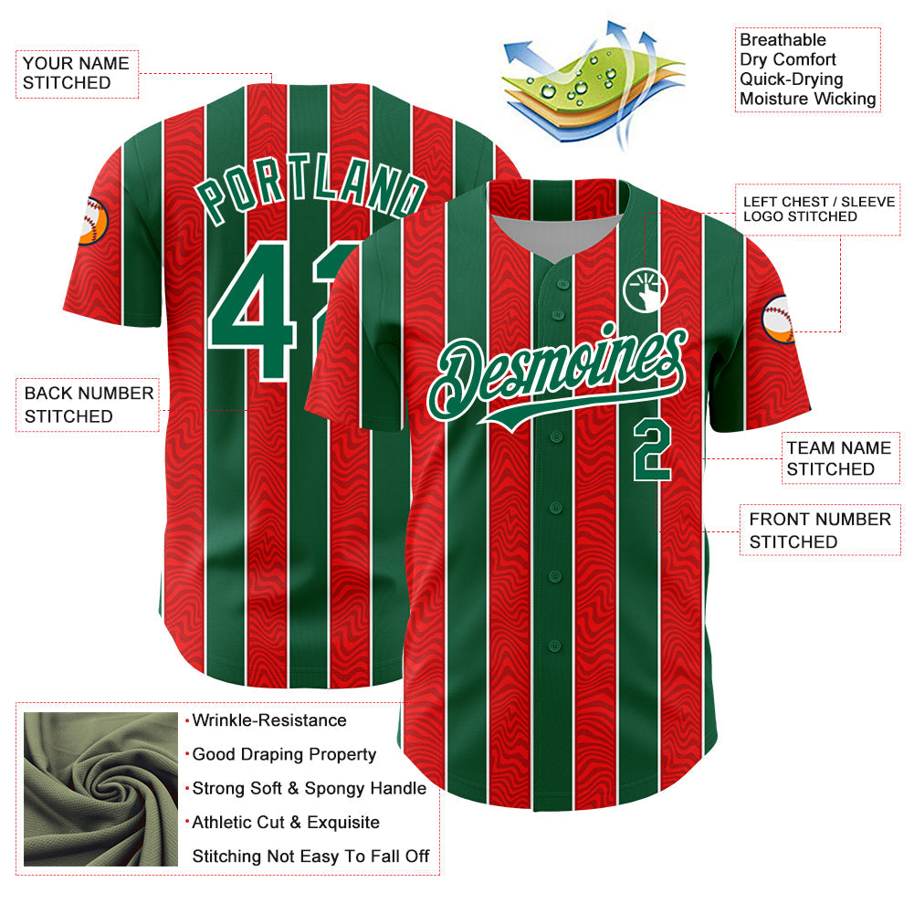 Custom Red Kelly Green-White 3D Pattern Design Stripe Authentic Baseball Jersey - Sky-Custom