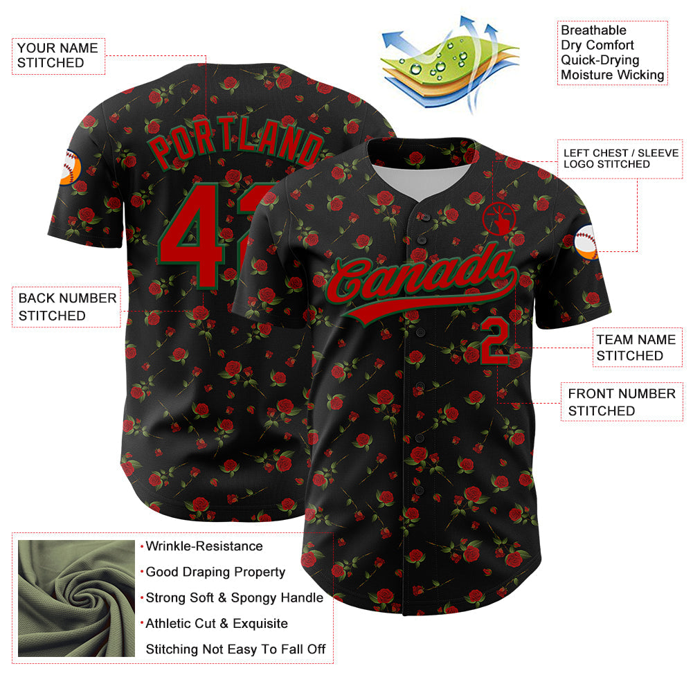 Custom Black Red-Green 3D Pattern Design Gothic Style Rose Authentic Baseball Jersey - Sky-Custom