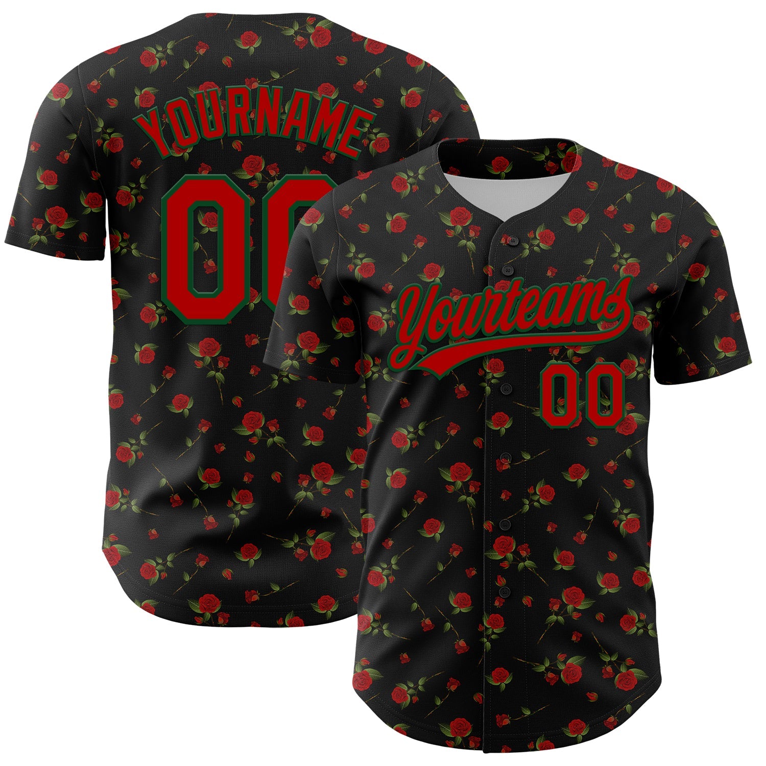 Custom Black Red-Green 3D Pattern Design Gothic Style Rose Authentic Baseball Jersey - Sky-Custom