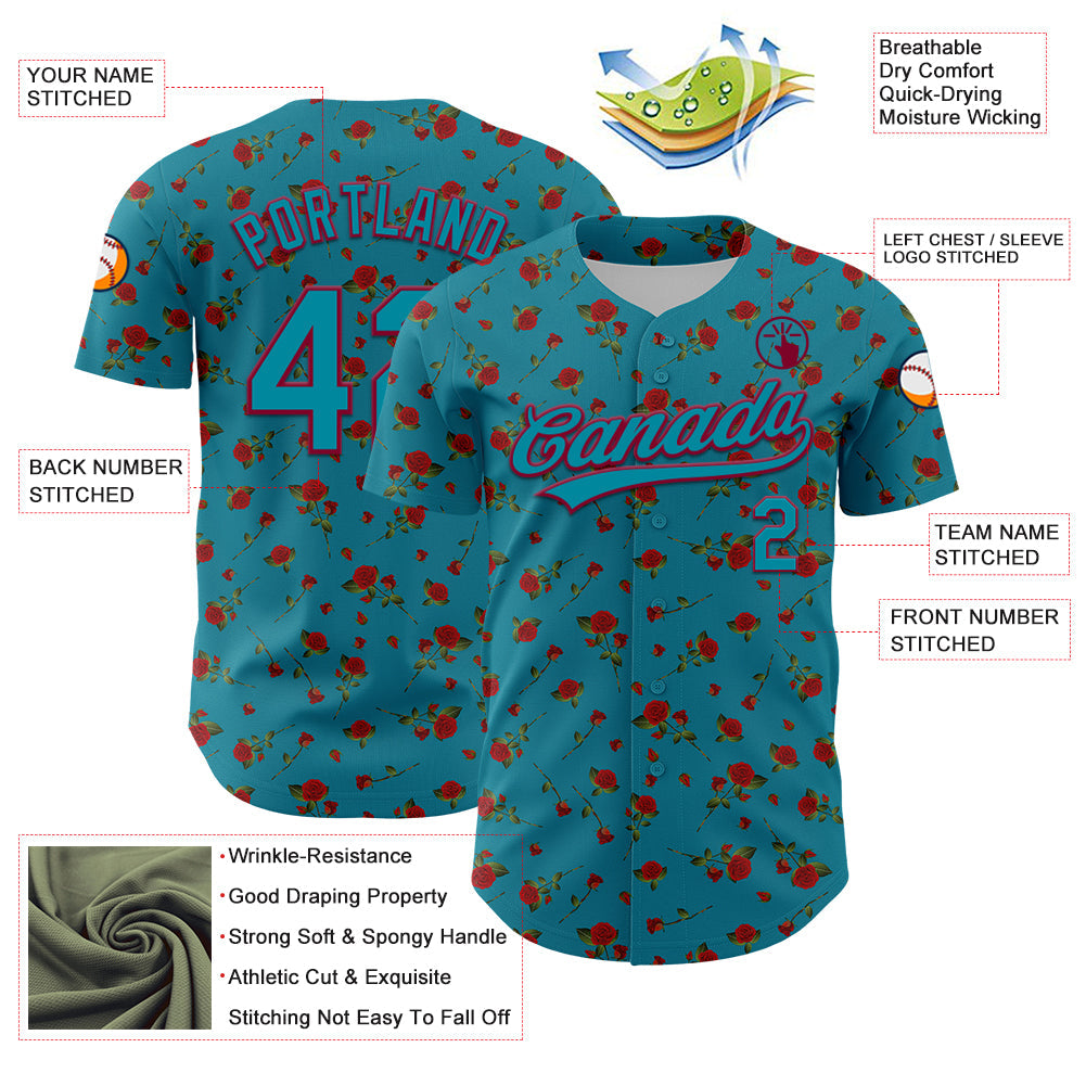 Custom Teal Maroon 3D Pattern Design Gothic Style Rose Authentic Baseball Jersey - Sky-Custom