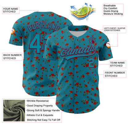 Custom Teal Maroon 3D Pattern Design Gothic Style Rose Authentic Baseball Jersey - Sky-Custom
