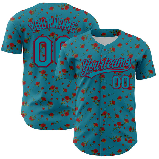 Custom Teal Maroon 3D Pattern Design Gothic Style Rose Authentic Baseball Jersey - Sky-Custom