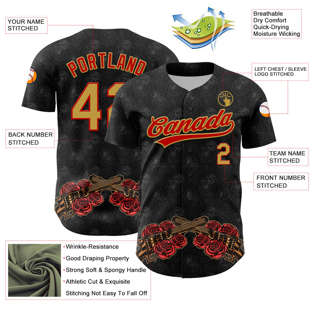 Custom Black Old Gold-Red 3D Pattern Design Gothic Style Gun With Rose Authentic Baseball Jersey - Sky-Custom
