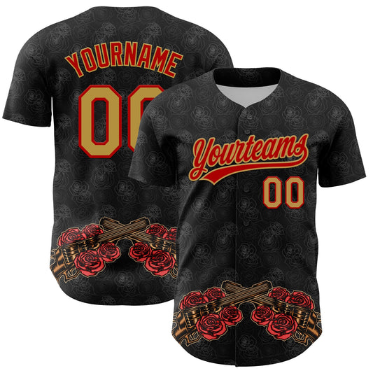 Custom Black Old Gold-Red 3D Pattern Design Gothic Style Gun With Rose Authentic Baseball Jersey - Sky-Custom