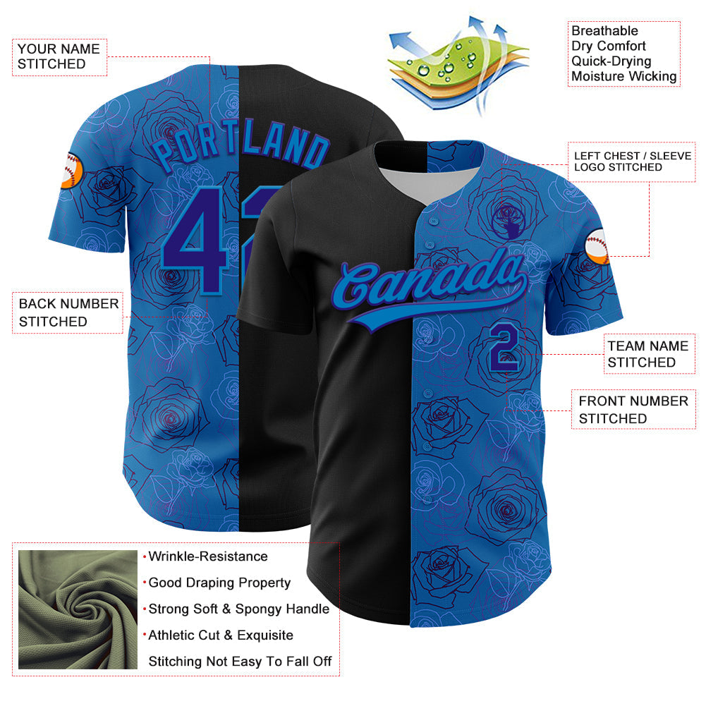 Custom Blue Dark Purple-Black 3D Pattern Design Gothic Style Rose Authentic Baseball Jersey - Sky-Custom