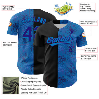 Custom Blue Dark Purple-Black 3D Pattern Design Gothic Style Rose Authentic Baseball Jersey - Sky-Custom