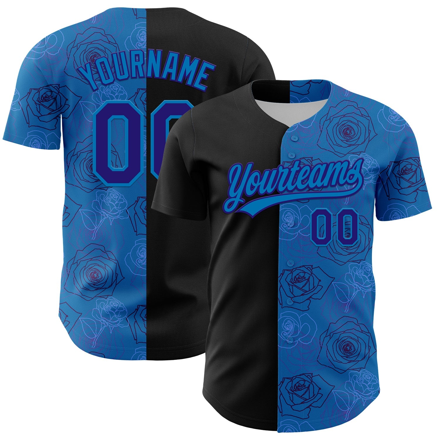 Custom Blue Dark Purple-Black 3D Pattern Design Gothic Style Rose Authentic Baseball Jersey - Sky-Custom