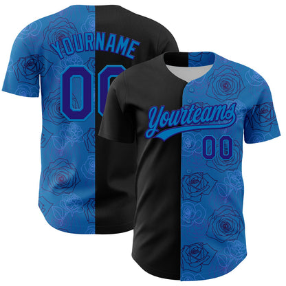 Custom Blue Dark Purple-Black 3D Pattern Design Gothic Style Rose Authentic Baseball Jersey - Sky-Custom