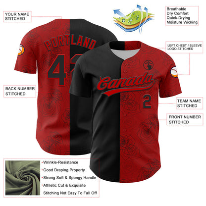Custom Red Black 3D Pattern Design Gothic Style Rose Authentic Baseball Jersey - Sky-Custom