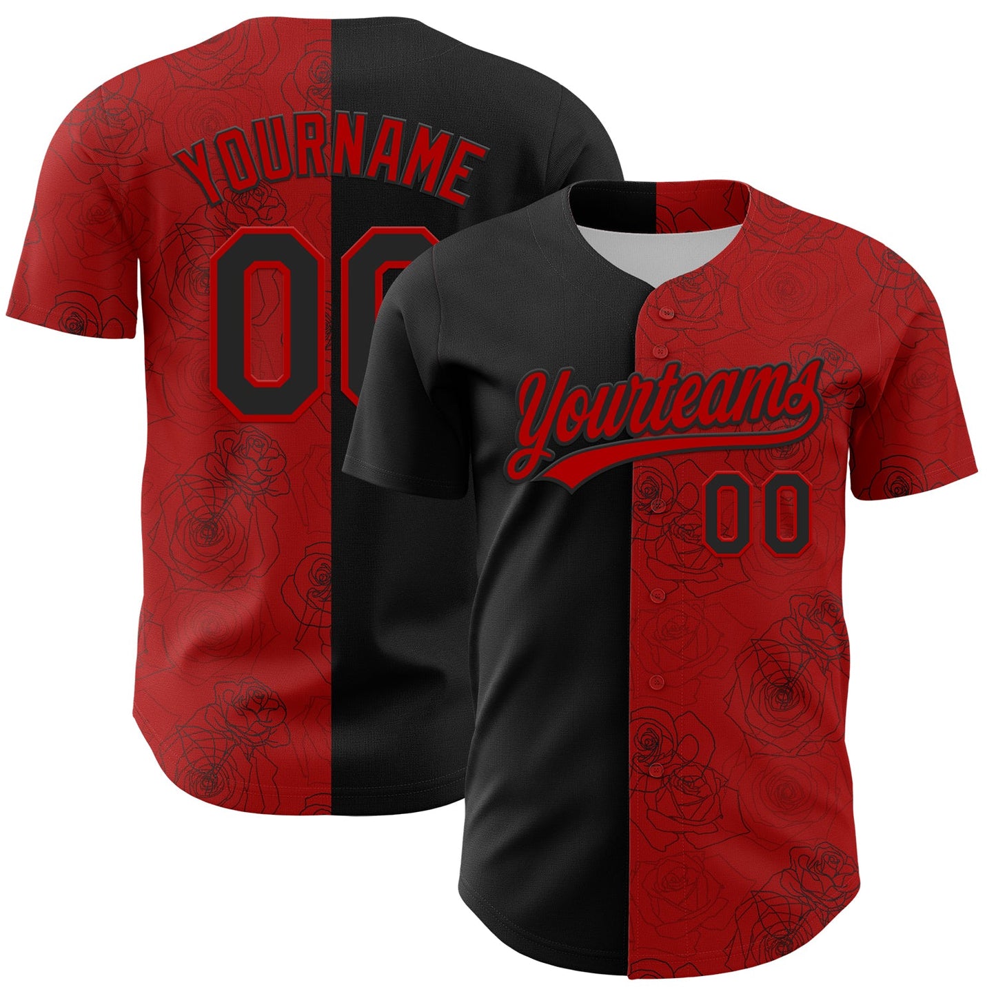 Custom Red Black 3D Pattern Design Gothic Style Rose Authentic Baseball Jersey - Sky-Custom