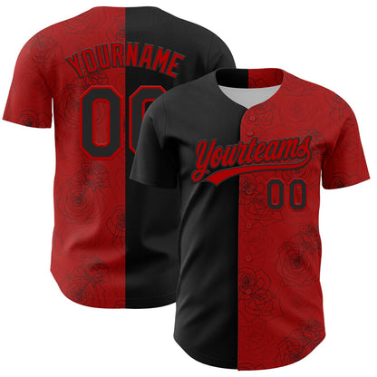 Custom Red Black 3D Pattern Design Gothic Style Rose Authentic Baseball Jersey - Sky-Custom