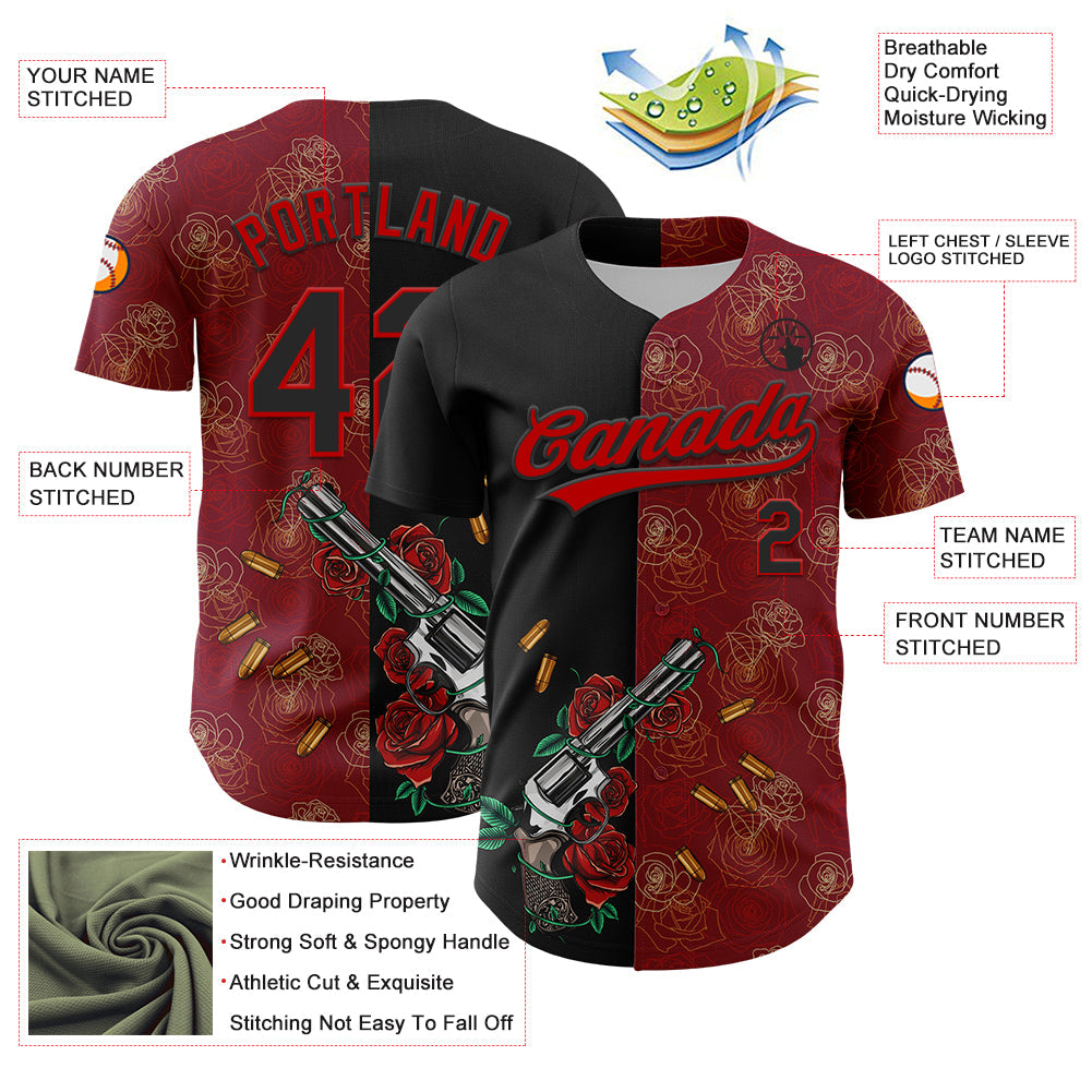 Custom Crimson Black-Red 3D Pattern Design Gothic Style Gun With Rose Authentic Baseball Jersey - Sky-Custom