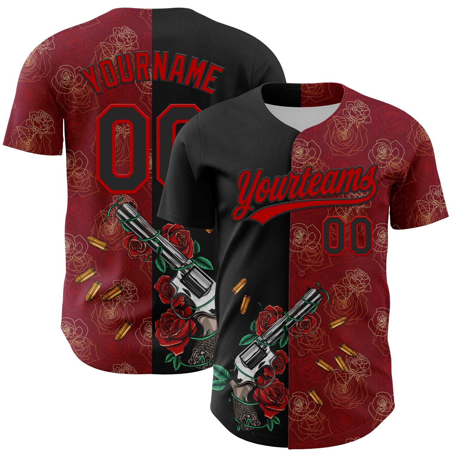 Custom Crimson Black-Red 3D Pattern Design Gothic Style Gun With Rose Authentic Baseball Jersey - Sky-Custom
