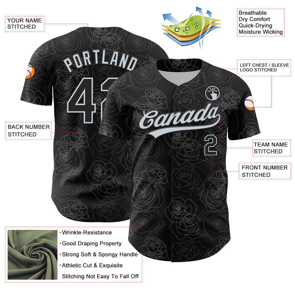 Custom Black Silver 3D Pattern Design Gothic Style Rose Authentic Baseball Jersey - Sky-Custom