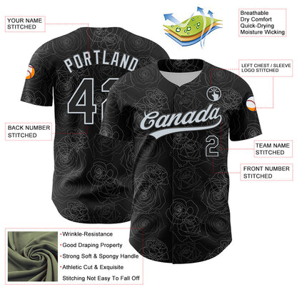 Custom Black Silver 3D Pattern Design Gothic Style Rose Authentic Baseball Jersey - Sky-Custom