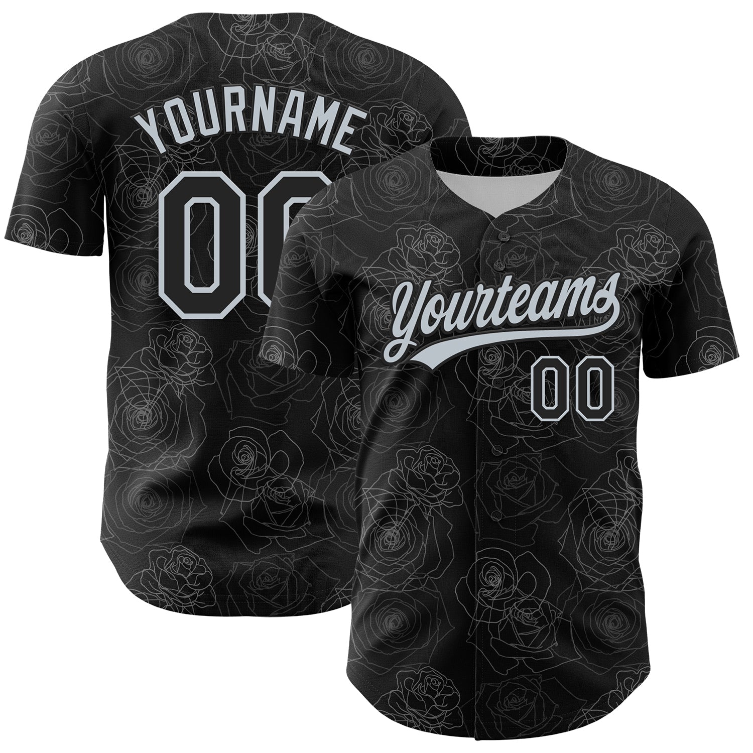 Custom Black Silver 3D Pattern Design Gothic Style Rose Authentic Baseball Jersey - Sky-Custom