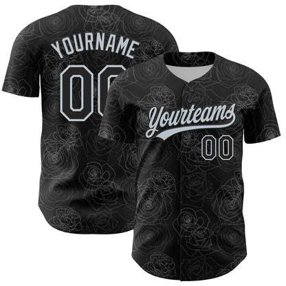 Custom Black Silver 3D Pattern Design Gothic Style Rose Authentic Baseball Jersey - Sky-Custom